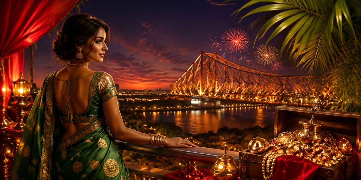Kolkata Howrah Bridge illuminated over the Hooghly River at night